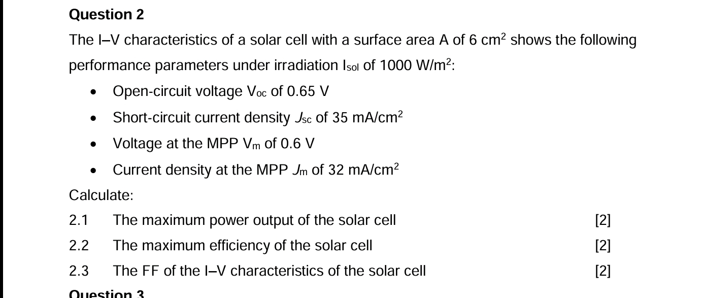 Solved Question 2The I-V characteristics of a solar cell | Chegg.com