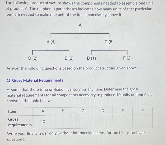 Solved The Following Product Structure Shows The Components | Chegg.com