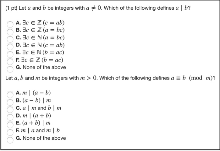 Solved (1 Pt) Let A And B Be Integers With A + 0. Which Of | Chegg.com