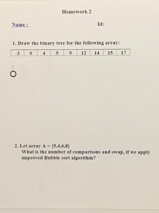 Solved Homework 2 Name : Id: 1. Draw the binary tree for the | Chegg.com