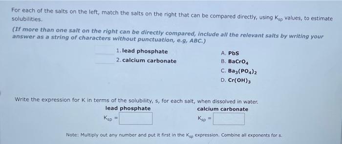 Solved For each of the salts on the left, match the salts on | Chegg.com