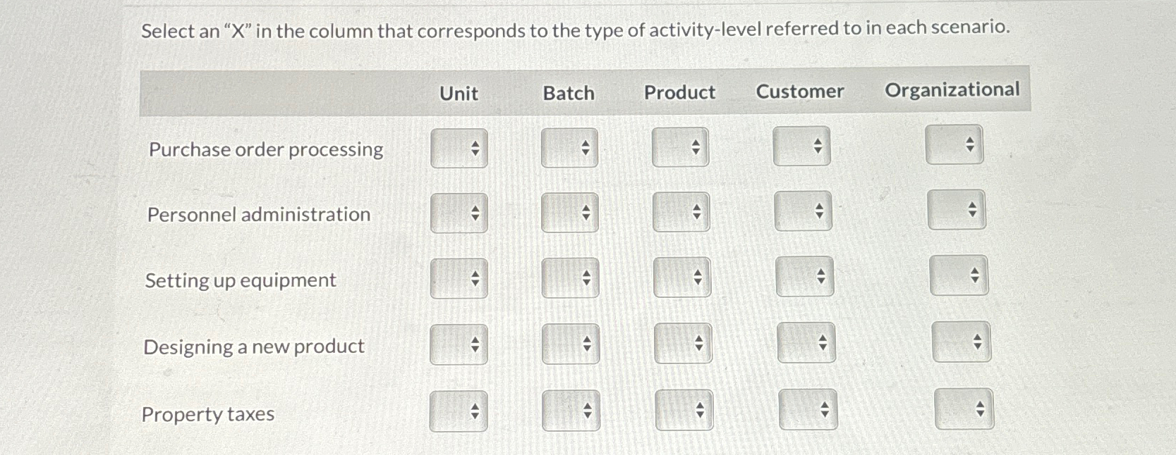 Solved Select an " x " ﻿in the column that corresponds to | Chegg.com