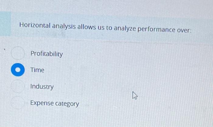 Horizontal analysis allows us to analyze performance over:
Profitability
Time
Industry
47
Expense category
