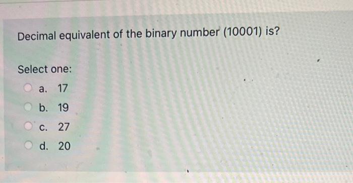 decimal equivalent of binary number 10001