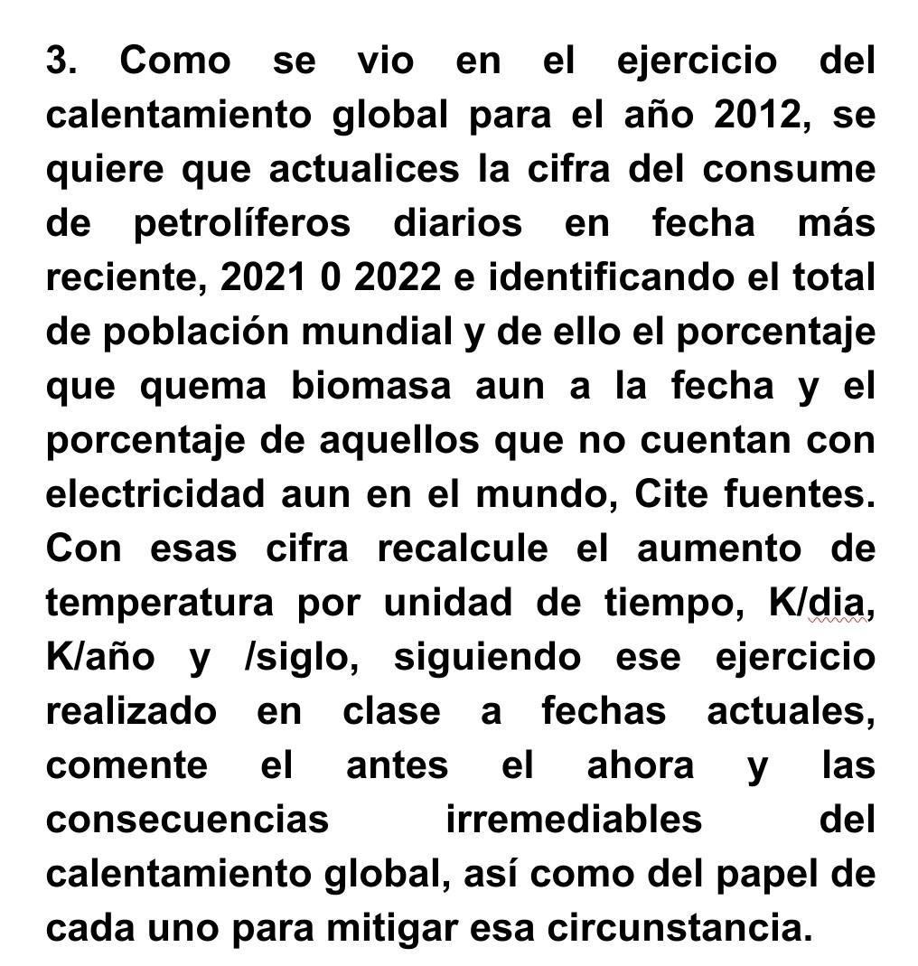 3. Como se vio en el ejercicio del calentamiento global para el año 2012, se quiere que actualices la cifra del consume de pe