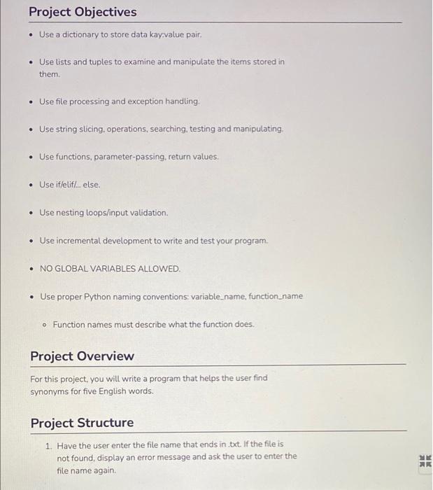 Solved Project Objectives Use a dictionary to store data kay | Chegg.com