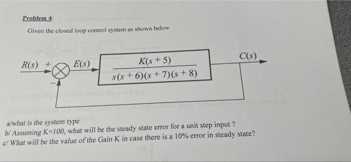 Solved Problem 4: Given The Closed Loop Control System As | Chegg.com