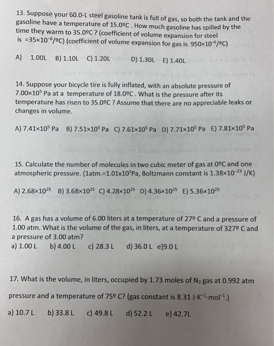 Solved 13. Suppose your 60.0-L steel gasoline tank is full | Chegg.com