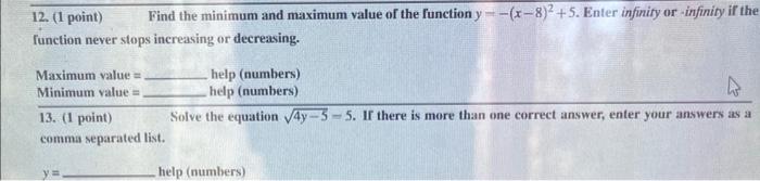 Solved 12. (1 point) Find the minimum and maximum value of | Chegg.com