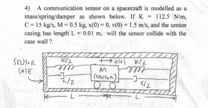 4) A communication sensor on a spacecraft is modelled as a mass \( / \) spring/damper as shown below. If \( \mathrm{K}=112.5
