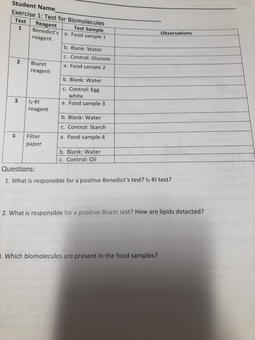 Solved Student Name Exercise 1 Test for Biomolecules Test