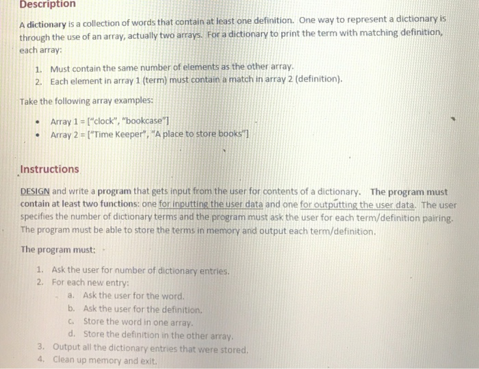 Solved Description Dictionary Collection Words Contain Least One Definition One Way Represent Dic Q38836988