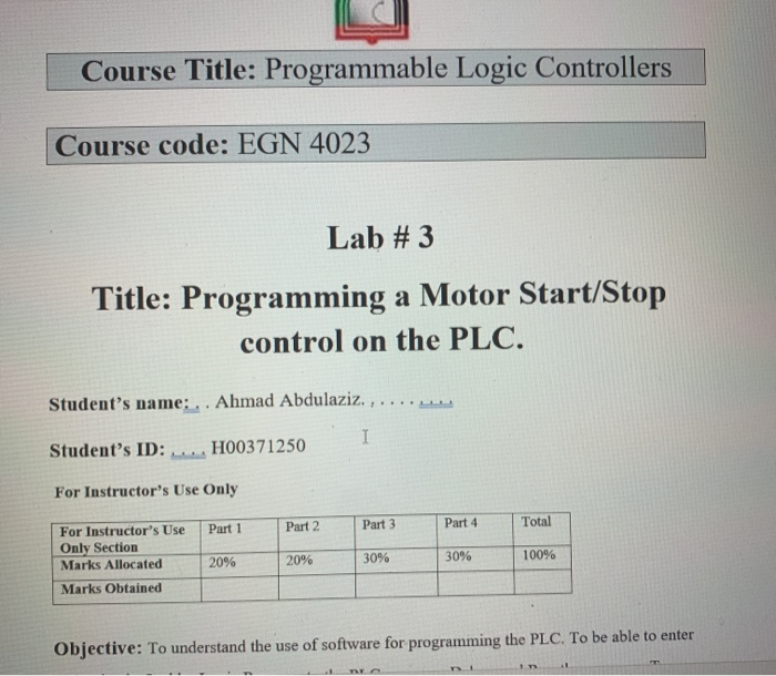 Course Title Programmable Logic Controllers Course