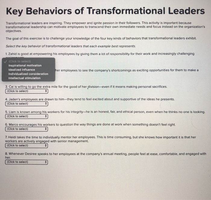 Solved Key Behaviors Of Transformational Leaders Transfor Chegg Com