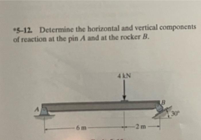 -5-12. Determine the horizontal and vertical components of reaction at the pin \( A \) and at the rocker \( B \).