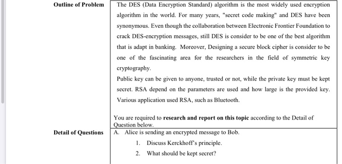 Des Example Question Solved Outline of Problem The DES (Data Encryption Standard) | Chegg.com