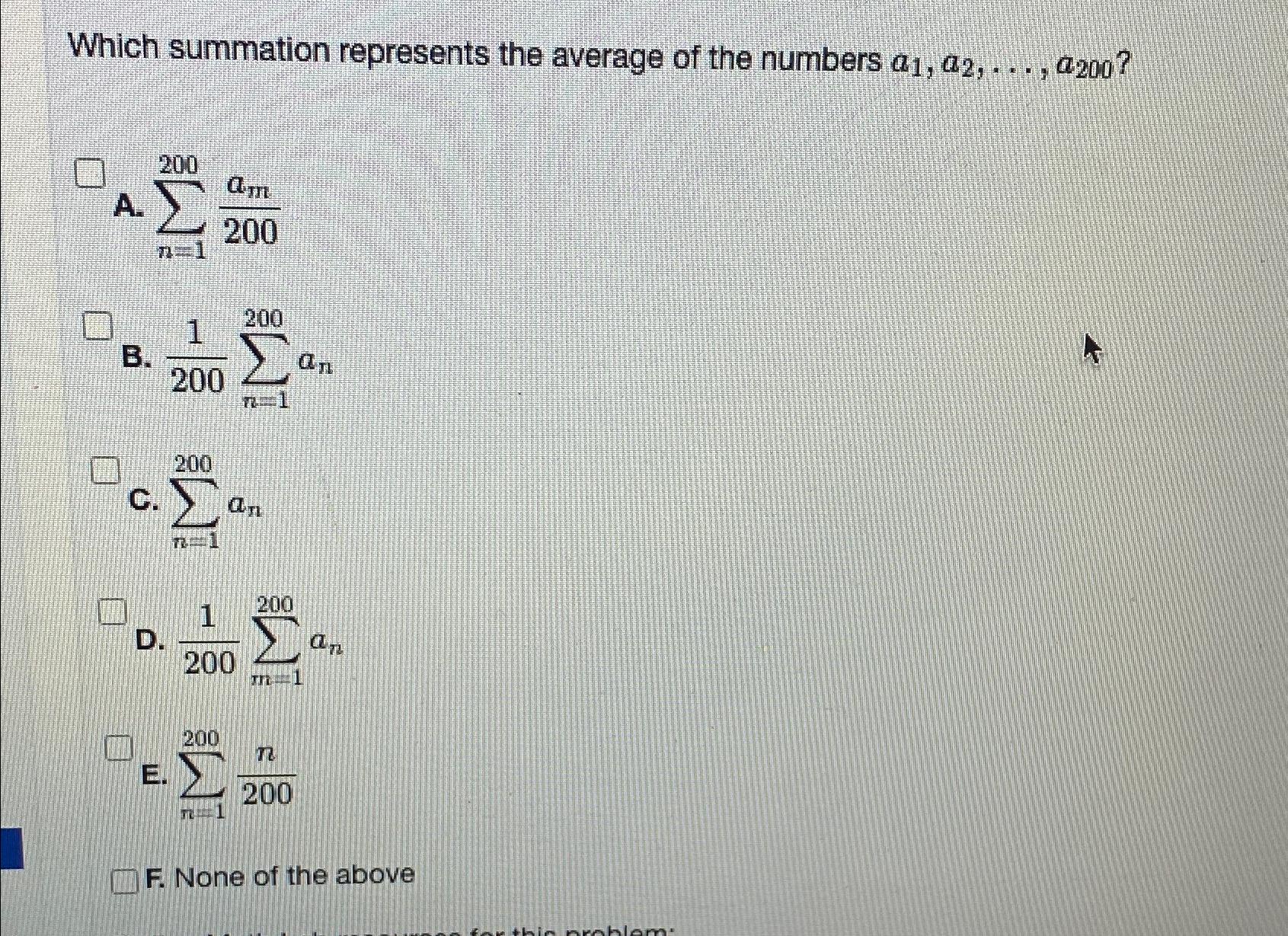 Solved Which summation represents the average of the numbers | Chegg.com