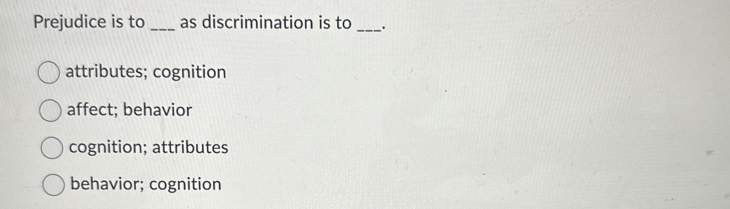 Solved Prejudice is to q, ﻿as discrimination is to | Chegg.com