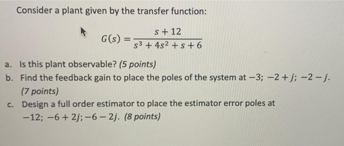 Solved Consider a plant given by the transfer function: S + | Chegg.com