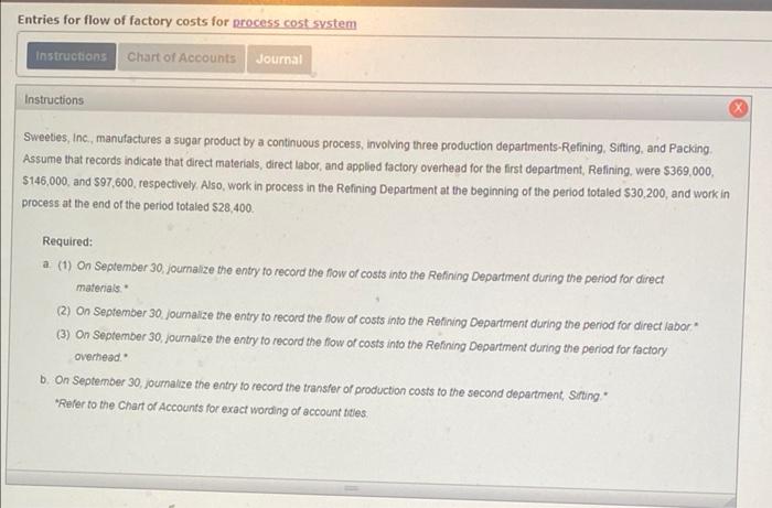 Entries for flow of factory costs for process cost system
Instructions Chart of Accounts Journal
Instructions
Sweeties, Inc.,