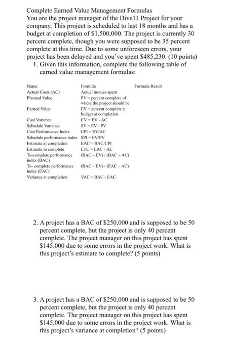 Complete Earned Value Management Formulas You Are The | Chegg.com