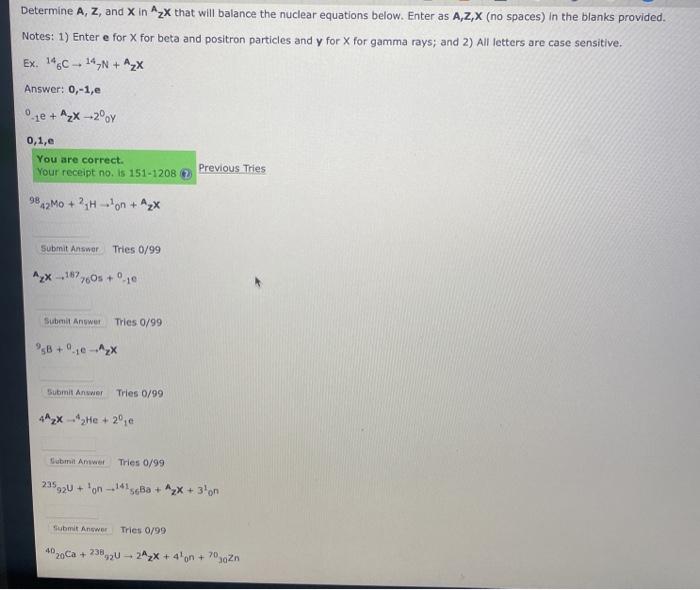 Solved Determine A, Z, and X in Azx that will balance the | Chegg.com