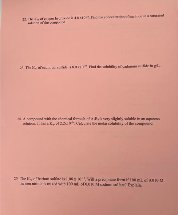 Solved 22. The Kip of copper hydroxide is 4.8×10−20. Find