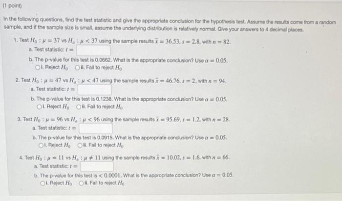 Solved In the following questions, find the test statistic | Chegg.com