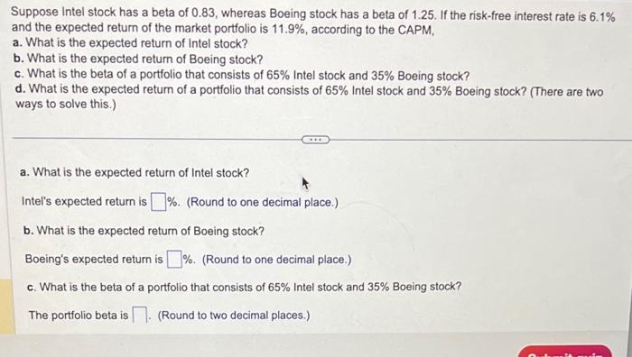 Solved Suppose Intel Stock Has A Beta Of 0.83, Whereas | Chegg.com