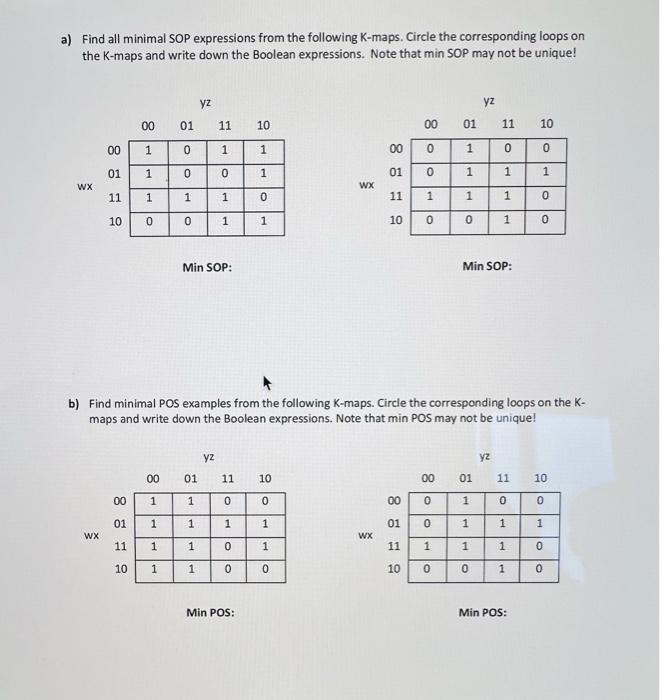 a) Find all minimal SOP expressions from the following K-maps. Circle the corresponding loops on the K-maps and write down th