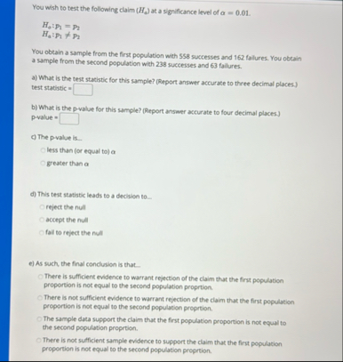Solved You wish to test the following claim (HQ) ﻿at a | Chegg.com