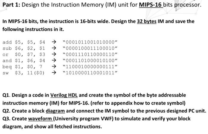 Part 1: Design the Instruction Memory (IM) unit for | Chegg.com