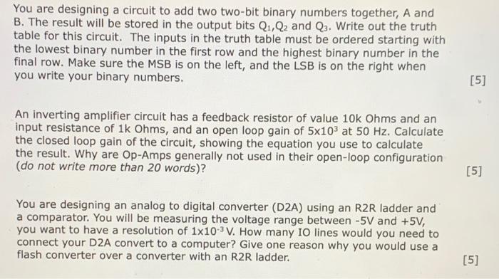 Solved You are designing a circuit to add two two-bit binary | Chegg.com