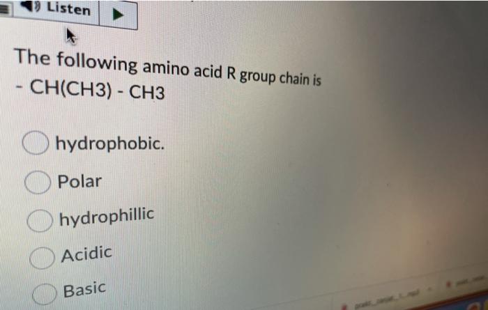 Solved 19 Listen The following amino acid R group chain is | Chegg.com