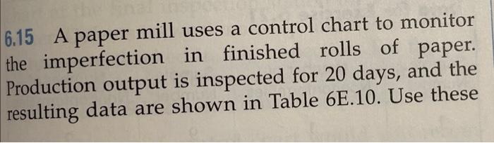 Solved 6.15 A paper mill uses a control chart to monitor the | Chegg.com