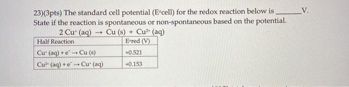 Solved V. 23)(3pts) The standard cell potential (Eºcell) for | Chegg.com