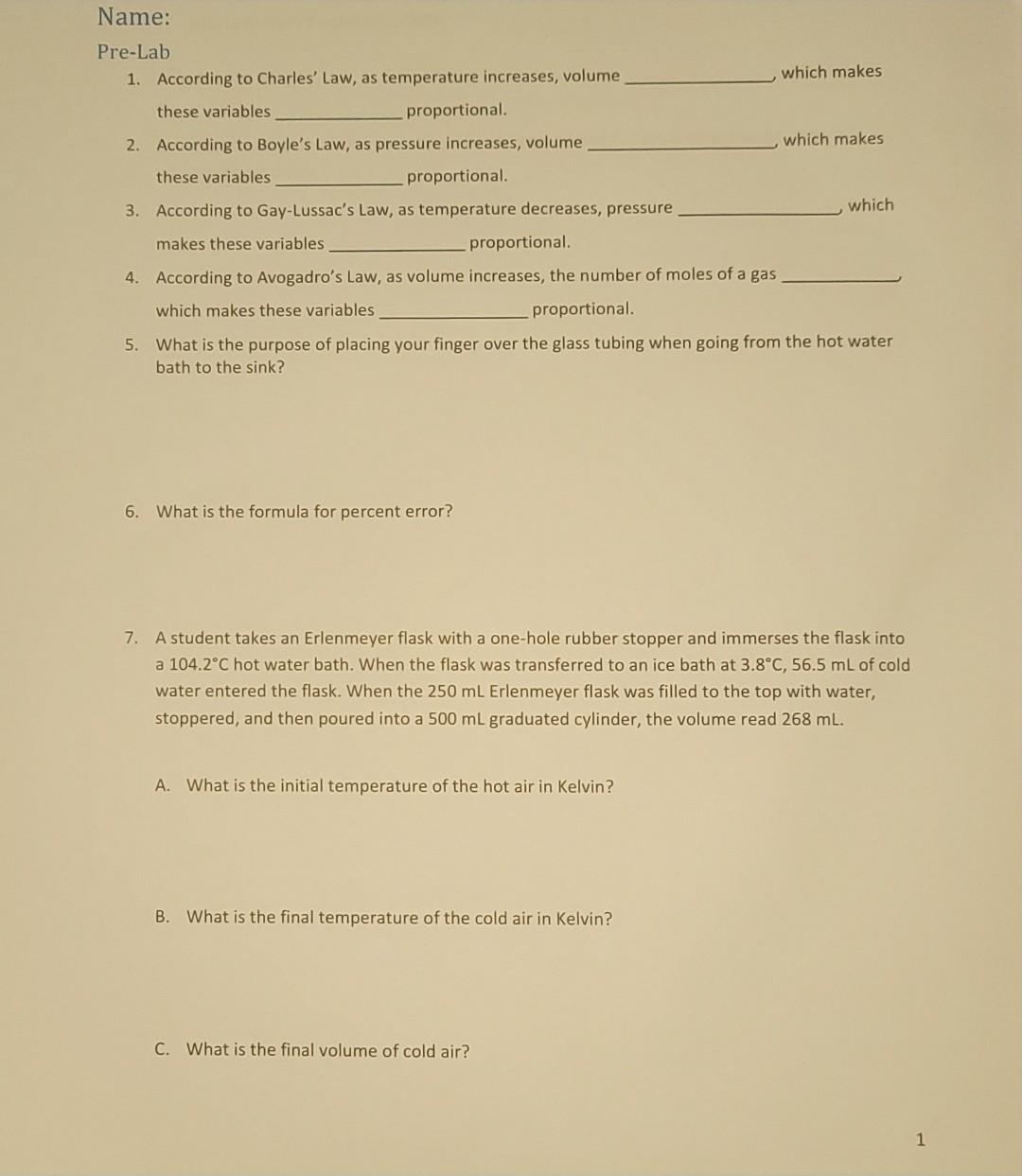 Solved Name: Pre-Lab 1. According to Charles' Law, as | Chegg.com