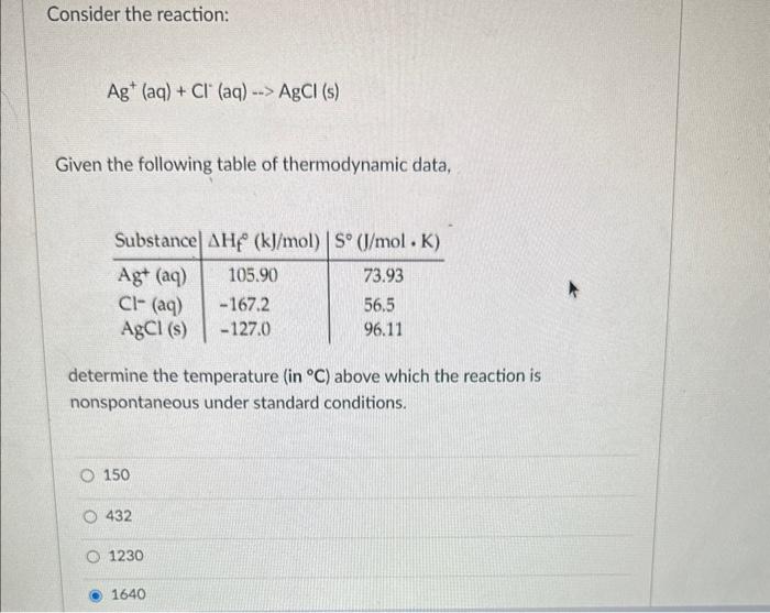 Solved Consider The Reaction: Ag+(aq)+Cl−(aq)−AgCl(s) Given | Chegg.com