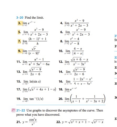 Solved 3-20 Find the limit. x-9 + 2x-3 4. lim 3. lim e x2 | Chegg.com