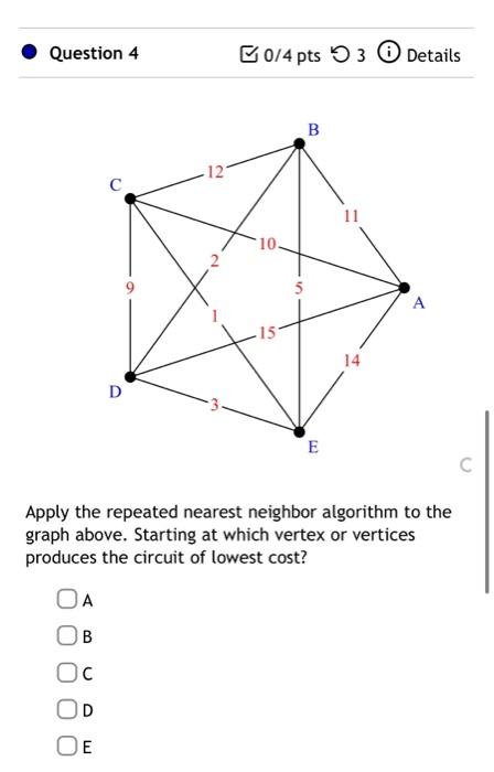 Solved Apply the repeated nearest neighbor algorithm to the | Chegg.com