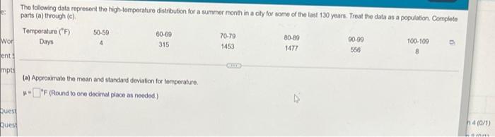 Solved e: The following data represent the high temperature | Chegg.com