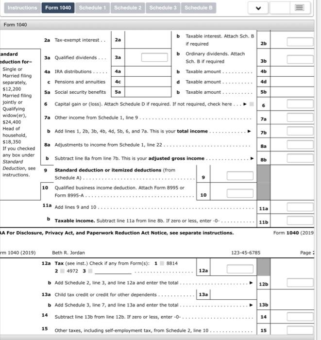 Instructions Form 1040 Schedule 1 Schedule 2 Schedule | Chegg.com