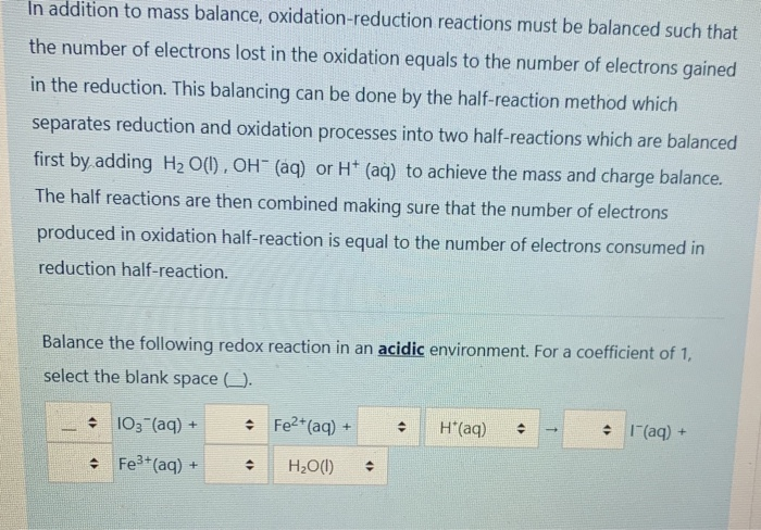 Solved In addition to mass balance, oxidation-reduction | Chegg.com