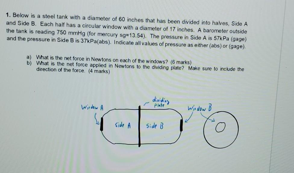 Solved 1. Below is a steel tank with a diameter of 60 inches | Chegg.com