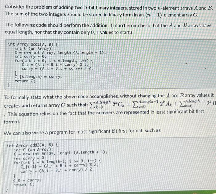 Solved Cohsider The Problem Of Adding Two N-bit Binary | Chegg.com