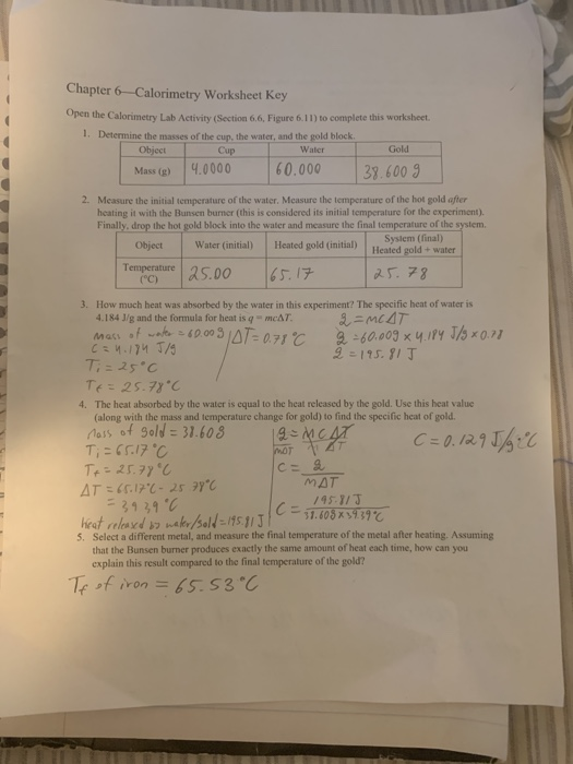 Chapter 6-Calorimetry Worksheet Key Open the | Chegg.com