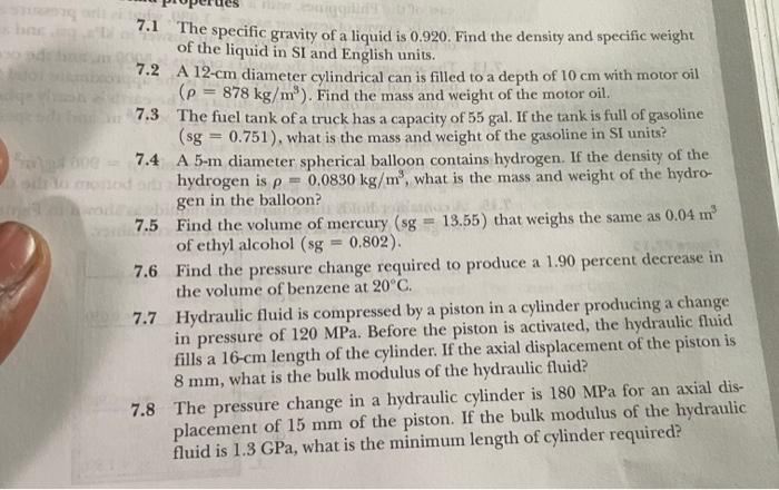 Solved 7.1 The specific gravity of a liquid is 0.920 . Find | Chegg.com