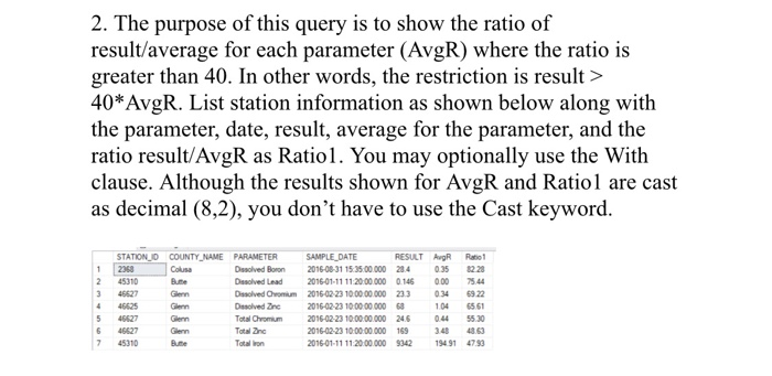 2. The purpose of this query is to show the ratio of result/average for each parameter (AvgR) where the ratio is greater than
