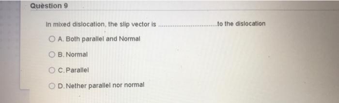 Solved Question 9 In mixed dislocation, the slip vector is | Chegg.com