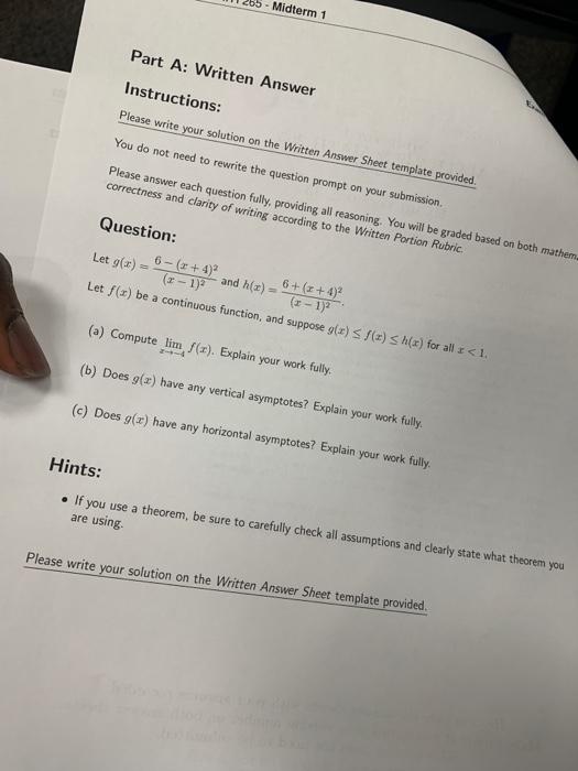 Solved A: Written Answer Instructions: Please write your | Chegg.com